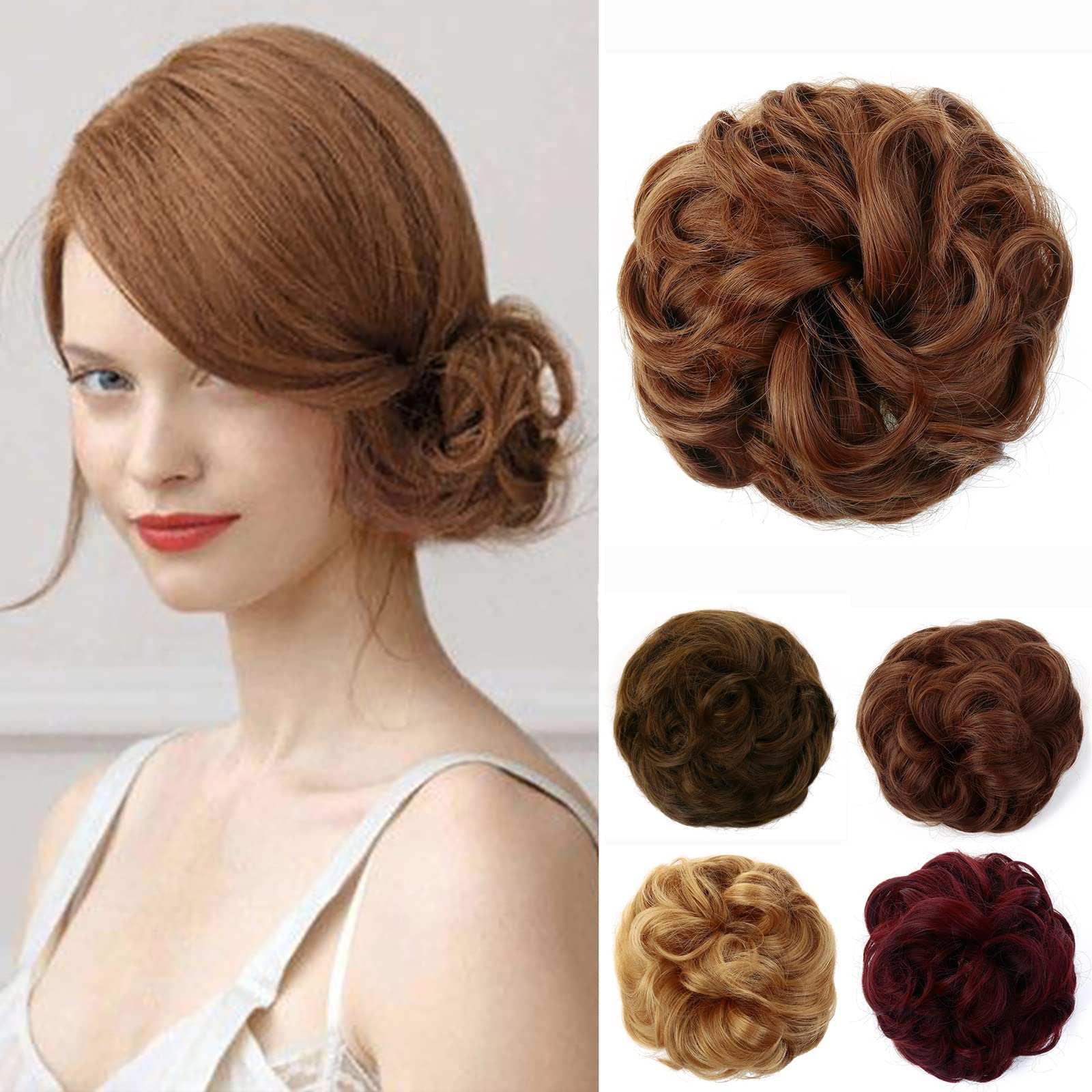 JJstar Messy Hair Bun Curly Wavy Hair Scrunchies Accessories Pieces for Women Girls Synthetic Chignons (Light Auburn)