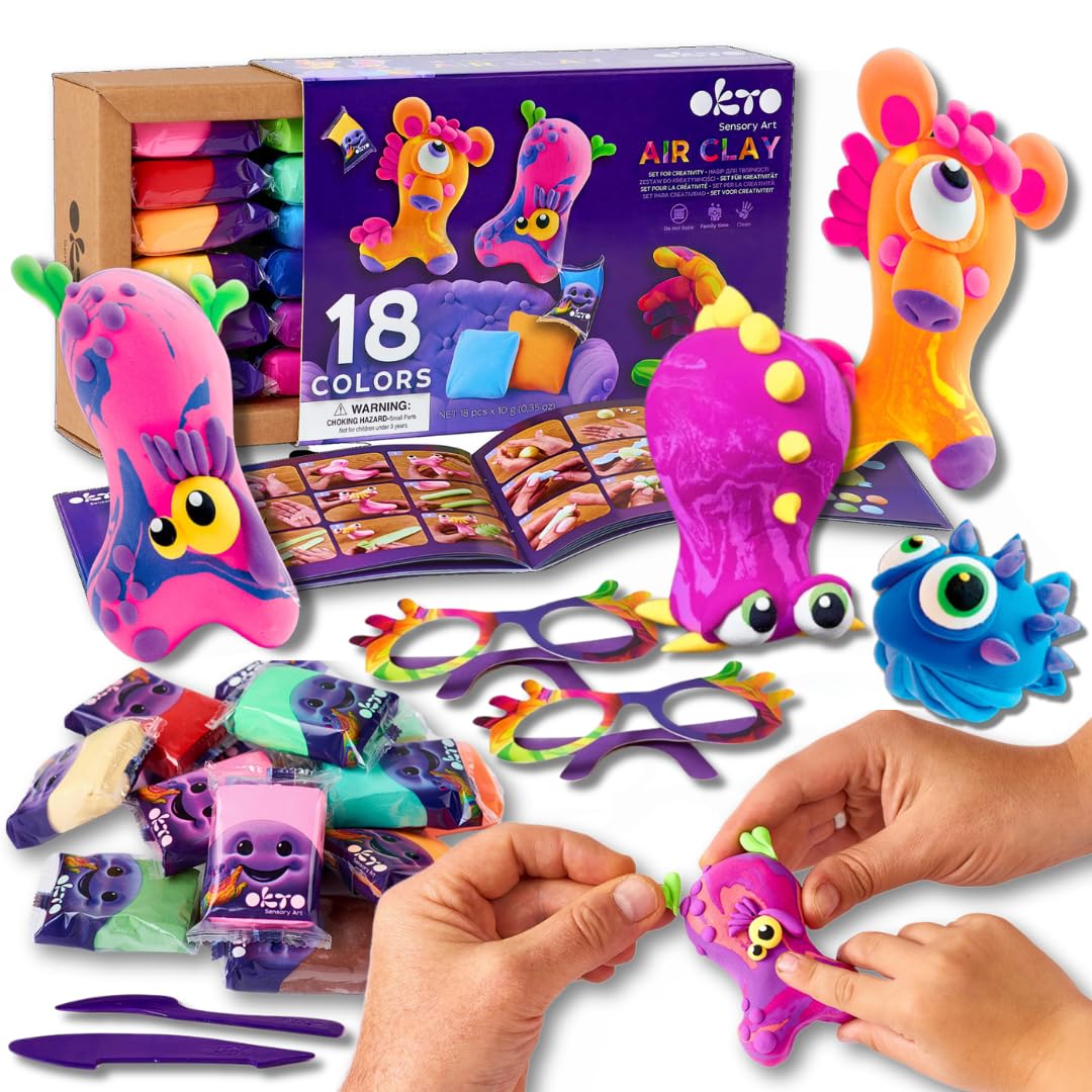 Okto Air Dry Clay Set for Kids 18 Colours | Soft & Bright Non-Sticky Modelling Clay Kit with Tools, Glasses, Storage Bags & Step-by-Step Guide | Sensory Air Clay Craft for Children Ages 5+ | DIY Fun