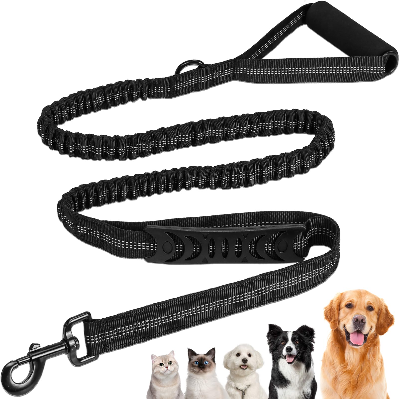 Euqvunn Bungee Dog Lead 3.6-6.9 FT | Anti Pull Leash for Large & Medium Dogs | Soft Padded Handle & Traffic Handle | Shock Absorber Rope Dog Lead | Reflective for Night Training & Walking | Black
