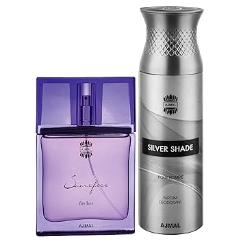 Ajmal Sacrifice for HER EDP Floral Musky Perfume 50ml for Women and Silver Shade Homme Deodorant Citrus Woody Fragrance 200ml for Men+ 2 Parfum Testers FREE