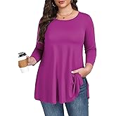 LARACE 3/4 Length Sleeve Womens Plus Size Tops Crew Neck Casual Tunic Tops Split Shirts Dressy