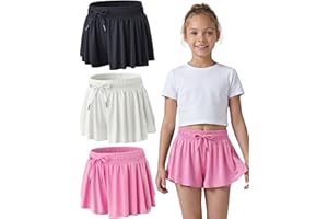 1 or 3 Pack Youth Girls Flowy Shorts with Spandex Liner & Pockets | 2-in-1 Athletic Butterfly Shorts for Kids, Teens, Running Dance Gymnastics