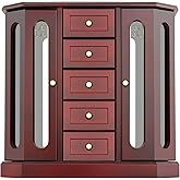 RR ROUND RICH DESIGN Jewelry Box - Made of Solid Wood with Cabinet Type 5 Drawers Organizer and 2 Separated Open Doors on 2 Sides and Large Mirror Brown