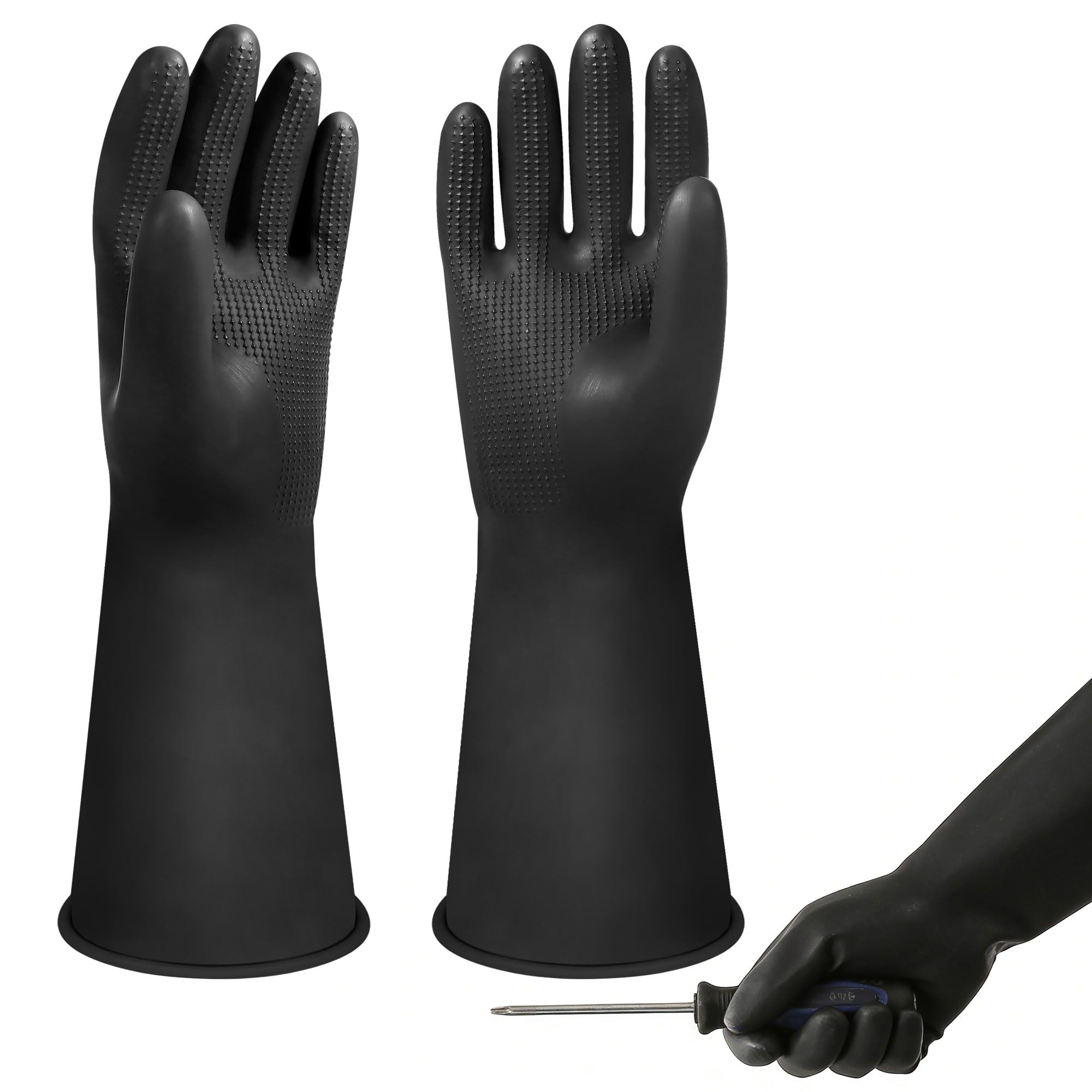 12" Heavy Duty Rubber Gloves Reusable Black Rubber Gloves Drain Cleaning Gloves Chemical Resistant Gloves Waterproof PPE Safety Work Gloves, Resist Strong Acid, Alkali and Oil, Non-Slip, 1 Pair