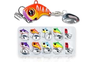 AQUAVEXIS 10pcs Vib Metal Fishing Spoons Kit, Spinner Baits for Bass Fishing, Trout Lures, Ice Fishing Jig, Rooster Tail Lures, Salmon, Two-Way Blade, Anti-Tangle