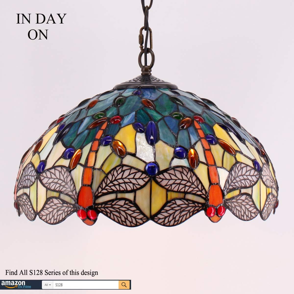 Tiffany Hanging Lamp W16H40 Inch (LED Bulb Included) Pendant Light Stained Glass Dragonfly Shade Chandelier Ceiling Fixture S128 WERFACTORY Decorate Dining Living Room Bedroom Study Office Coffee Bar - - 