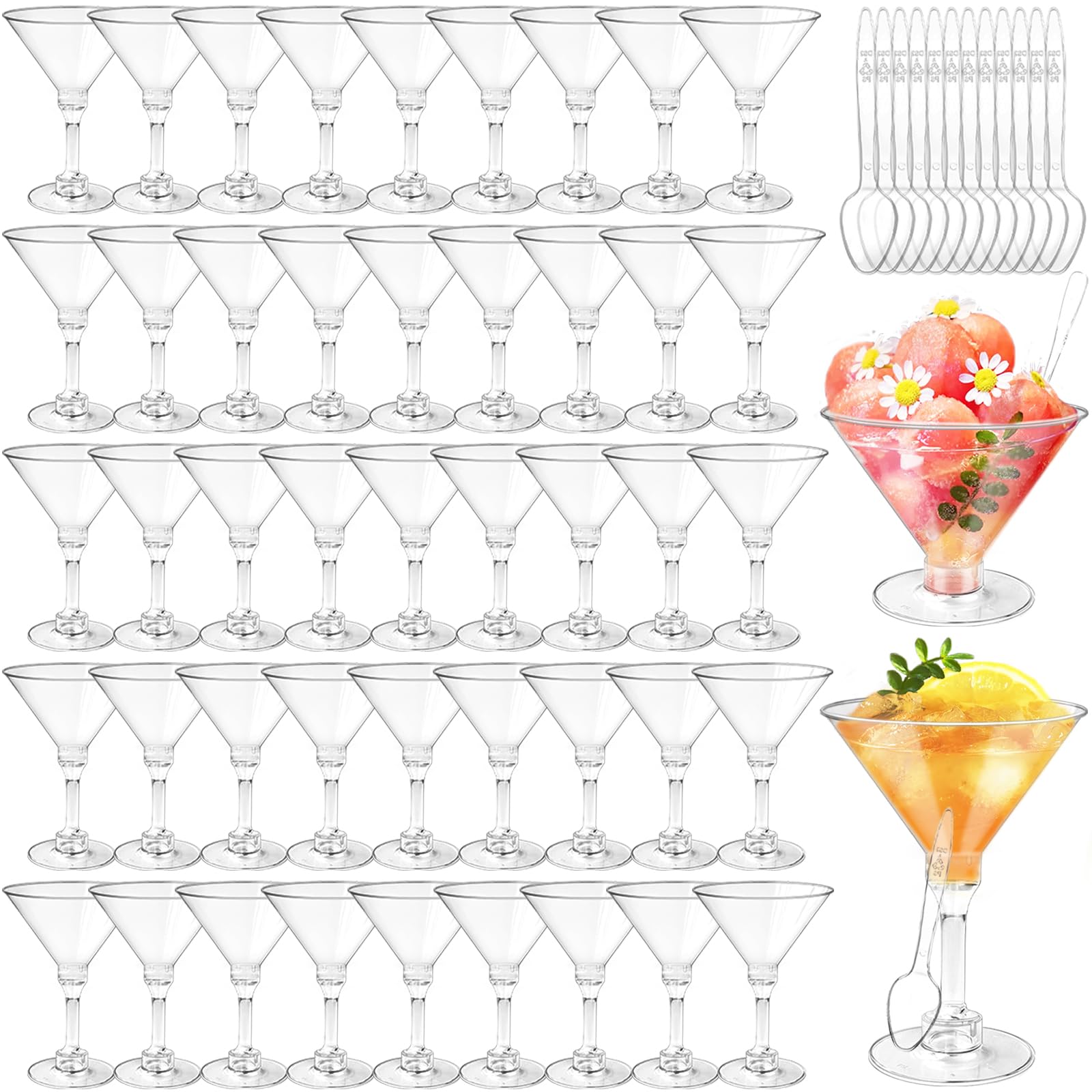 Photo 1 of 120Pcs Plastic Martini Glasses,60Pcs 5oz Clear Cocktail Glasses Dessert Parfait Cups with 60Pcs Spoons,Disposable Margarita Glasses for Wedding,Party,New Year Champagne,Wine,Appetizers,Ice Cream