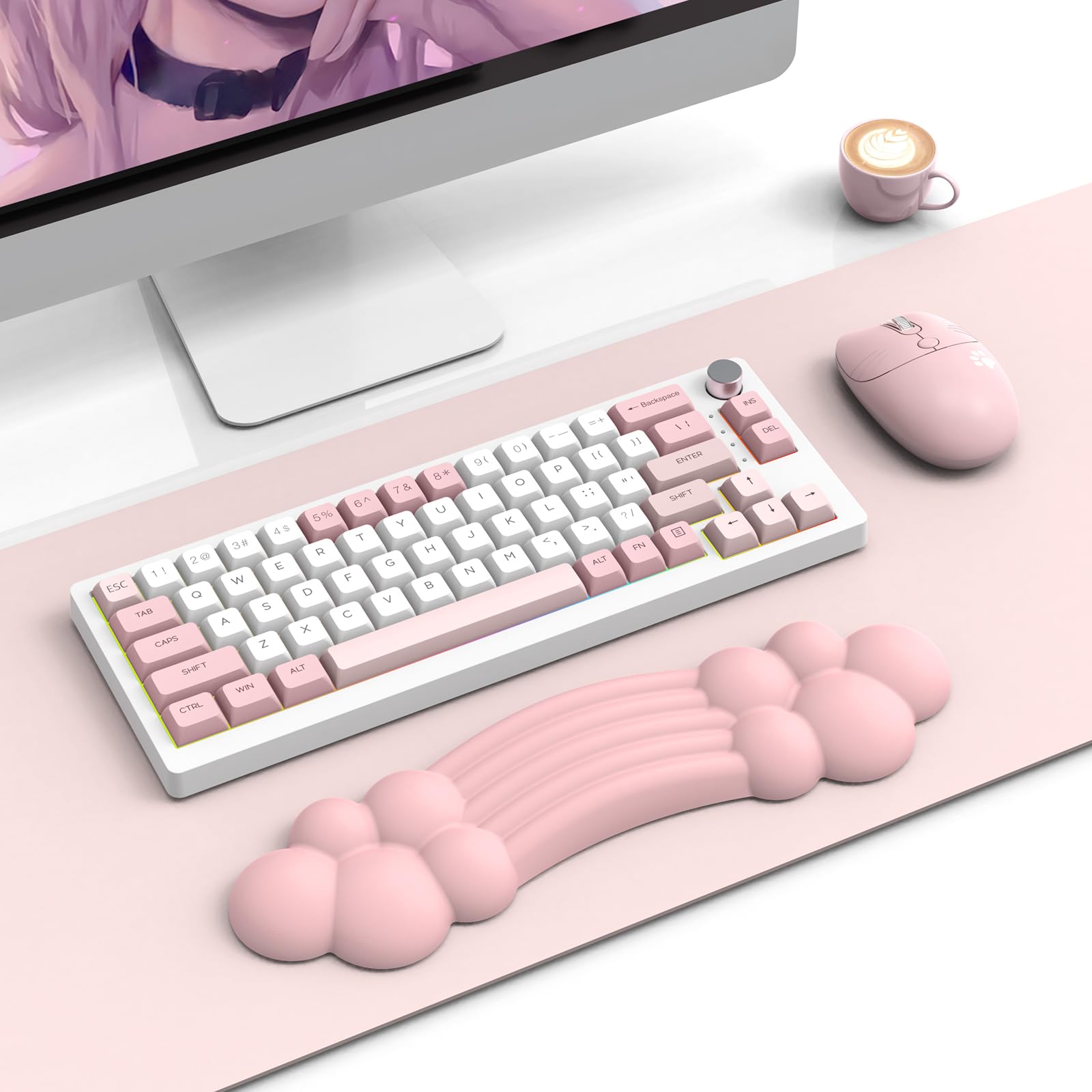 ZIYOU LANG Cloud Keyboard Wrist Rest Support, Palm Rest with Memory Foam, Anti-Slip Rubber, Comfortable Arm Rest, Ergonomic Keyboard Cushion Pad, PU Leather for Office/Home/Laptop/Mac - Light Pink