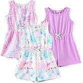 PATPAT Girls 3 Pack Rompers 3-12 Years Floral Summer Rompers Elastic Waist Sleeveless Jumpsuits Cute Outfits