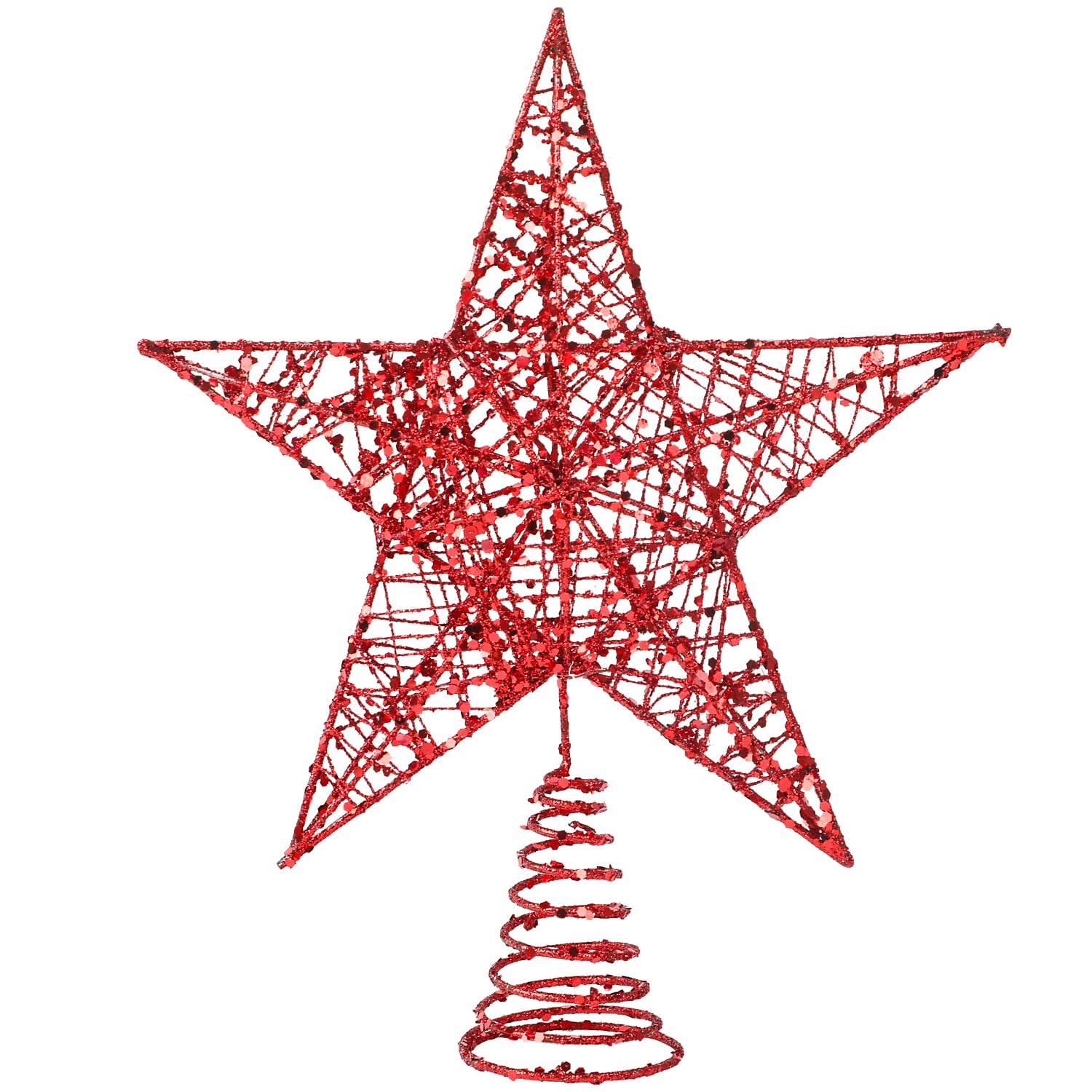 VEYLIN Christmas Tree Topper, Red Glittered Hollow Christmas Tree Topper Star for Christmas Tree Ornament (Red)