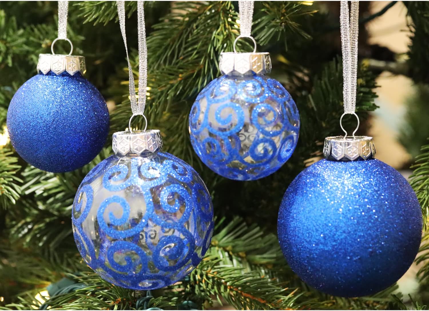 Ornaments - Sleetly Blue Christmas Ornaments Set for Christmas Tree Decorations - 2023 Shatterproof Rustic Vintage Farmhouse Xmas Ball Christmas Tree Ornament Decorations, Blue Glitter and Blue Clear Swirl