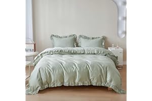 Simple&Opulence Kids 100% Organic Cotton Full Duvet Cover Ruffle 3Pcs(1 Comforter Cover 2 Pillowcases) Cute Lace Vintage Boho Shabby Chic Farmhouse Bedding Set Teen Girls(Sage Green, Full)