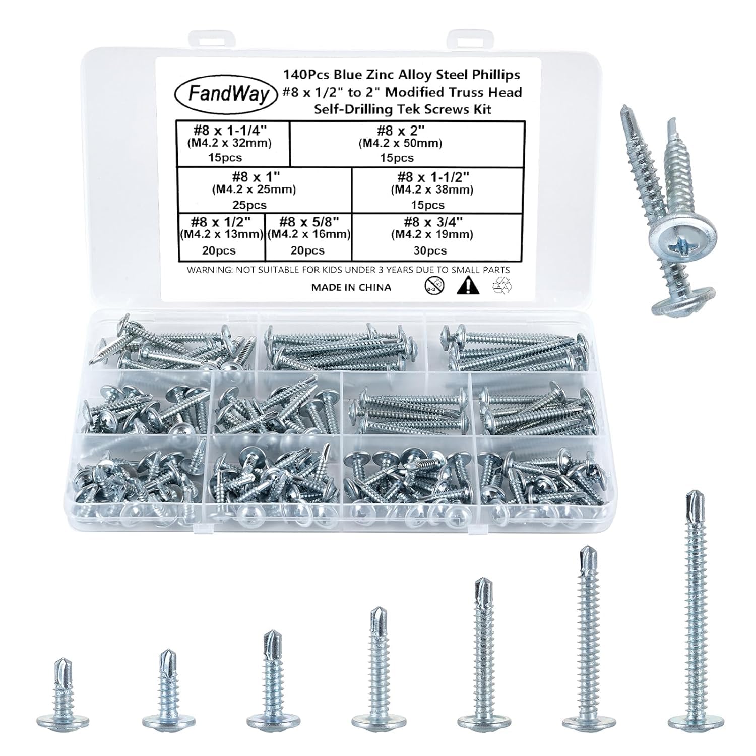 FandWay 140Pcs Self Tapping Screws for Metal,M4.2 Self Drilling Screws for Steel,Wafer Head Tek Screw,Modified Truss Head Sheet Metal Screw Galvanized for MetalWork Aluminum Wood Plastics. — image 1