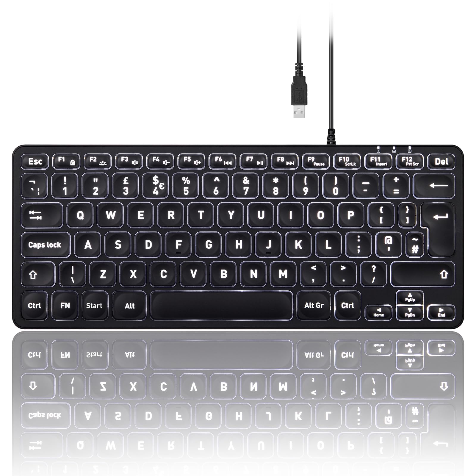 perixx PERIBOARD-332 Backlit Keyboard, Mini Wired USB with Large Font Keys, Adjustable Brightness, Slim Profile, White LED, UK QWERTY