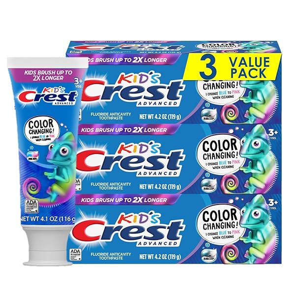 CREST ADVANCED KID’S FLUORIDE TOOTHPASTE, BUBBLEGUM FLAVOR, 4.2 OZ, 3 COUNT, COLOR-CHANGING ANTICAVITY TOOTHPASTE