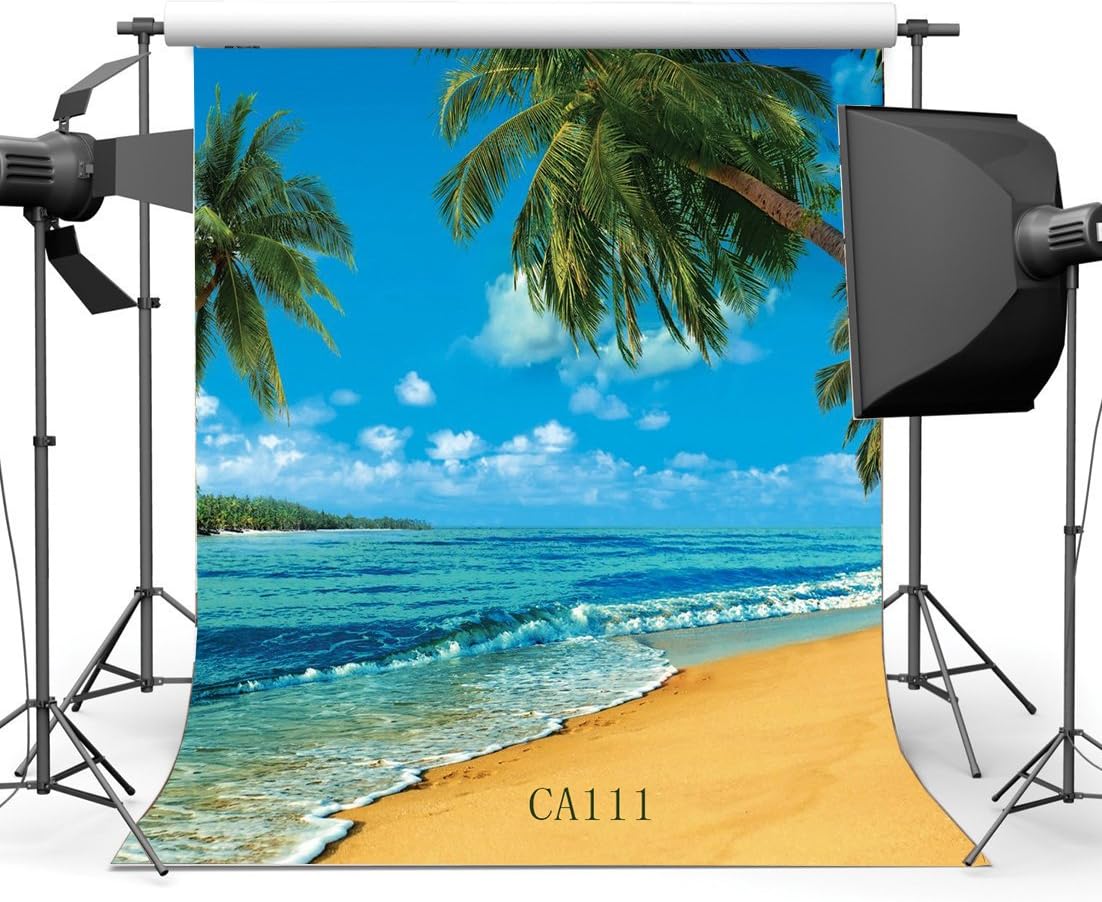 Haosphoto 5X7FT/150X210cm Tropical Beach Backdrop Seaside Backdrops for Photography Palm Trees Blue Sky White Cloud Luau Summer Vinyl Photo Background Ocean Sailing Journey Studio Props CA111