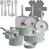 T-FAL Refresh Ceramic, Ceramic Non Stick Cookware Set 20 Piece, Oven Broiler Safe 350F, Kitchen Set w/Egg Pan, Fry Pans, Sauc