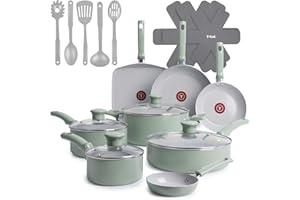 T-FAL Refresh Ceramic, Ceramic Non Stick Cookware Set 20 Piece, Oven Broiler Safe 350F, Kitchen Set w/Egg Pan, Fry Pans, Sauc