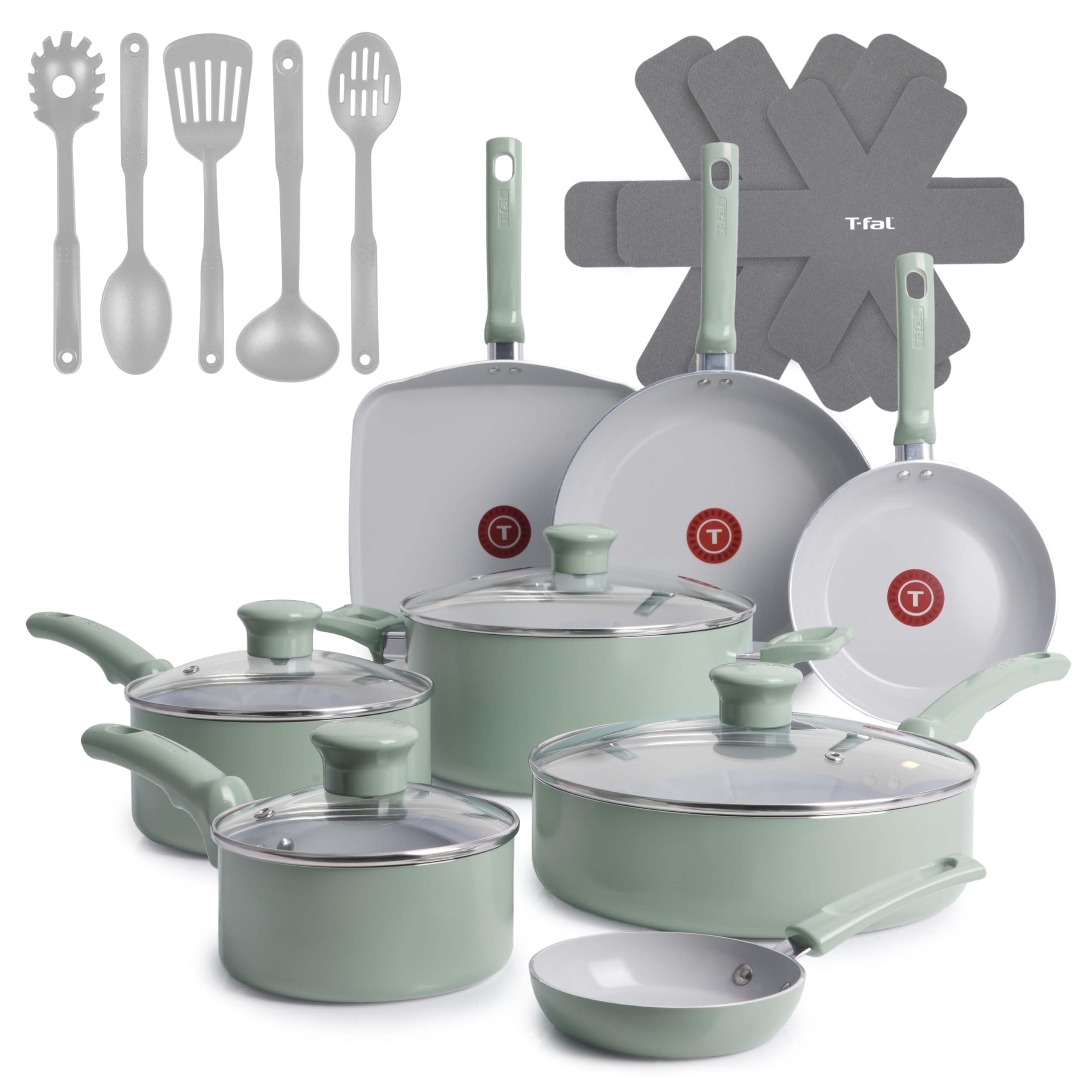 T-Fal Refresh Ceramic Nonstick Cookware Set, 20-Piece, Oven Safe to 350°F, Stockpot, Ceramic Pots and Pans Set, Frying Pans, Griddle, Utensils, Mint Green Image