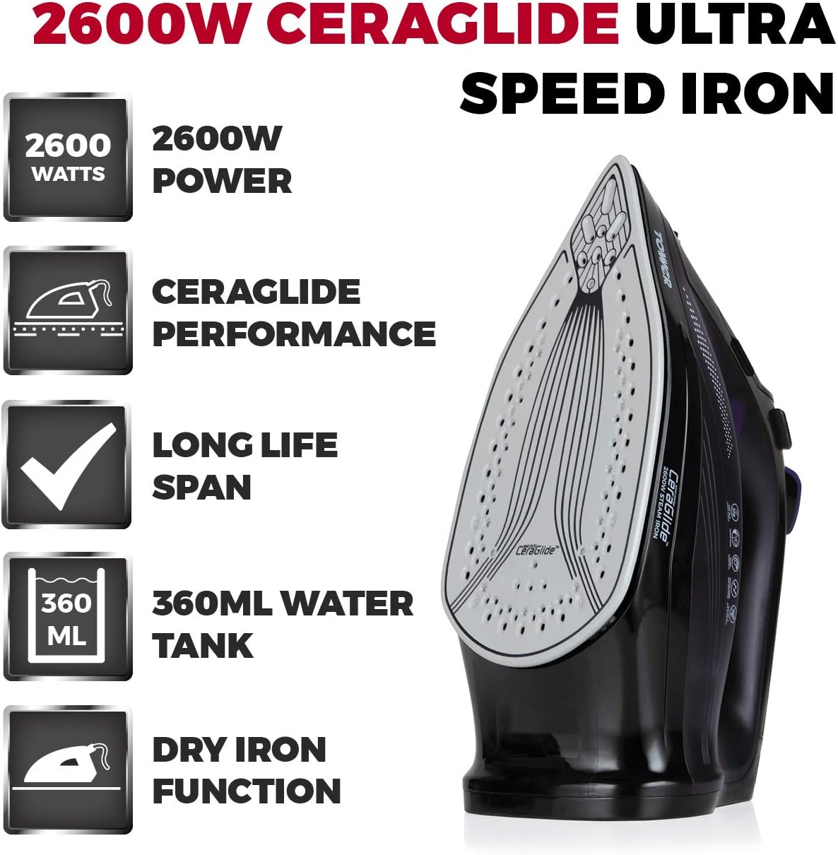 Tower CeraGlide T22011 Ultra Speed Iron with Ceramic Soleplate Variable Steam Function, 2600W, Purple - Image 3