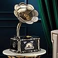 HZLSBL Vintage Gramophone with Bluetooth Output Vintage Record Players Retro Gramophone Turntables for 7" 9" 12" Vinyl Records 3 Speed, Hi-Fi, Handcrafted by Pure Oak (Black)