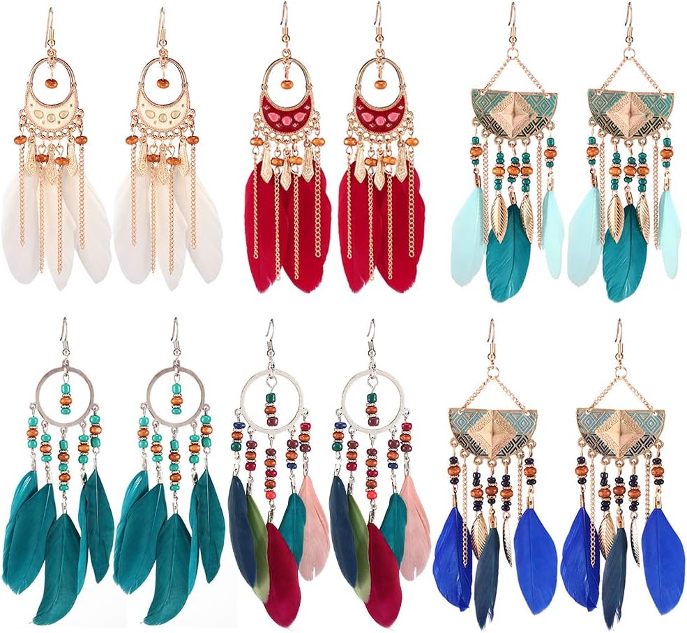 6 Pairs Women Faux Feather Earrings Vintage Bbohemian Tassel Earrings Tassel Feather Dream Catcher Long Earrings Set Designed for Female Girls
