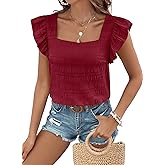 SHEWIN Women's Casual Summer Square Neck Tank Tops Sleeveless Ruffle Chiffon Blouses Top Shirts
