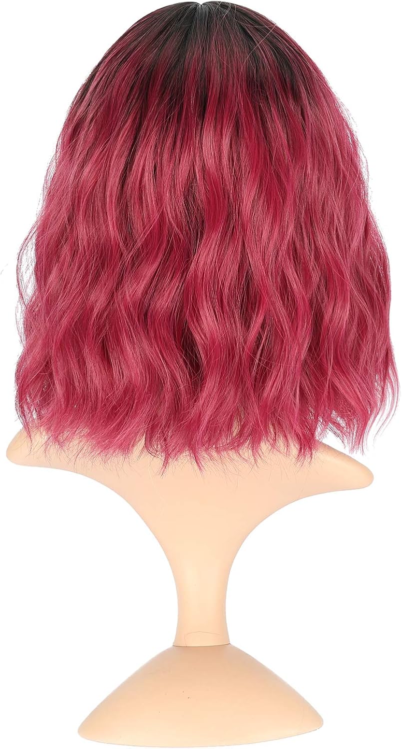 VCKOVCKO Ombre Natural Wavy Bob Wig - Air Bangs, Shoulder Length, Curly Wavy Synthetic Cosplay Wig - Colorful, 12" - Black to WineRed - Image 5