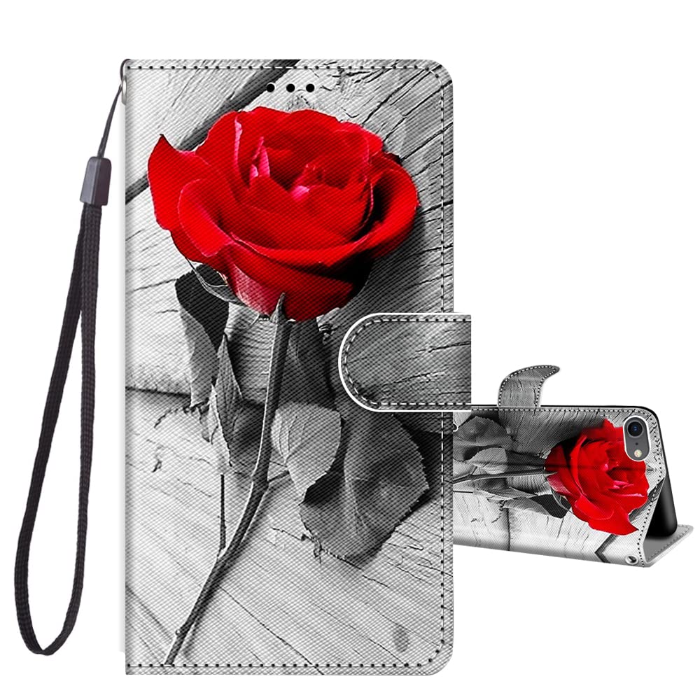 JRIANY for iPhone SE 2022 / iPhone SE 2020 / iPhone 7 / iPhone 8 Case, PU Leather Wallet Case with Pattern Cute Design Shockproof Cover Flip Case, Rose