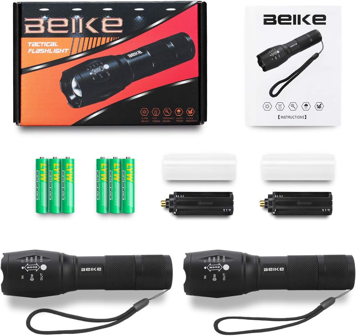 Beike 2 Pack LED Tactical Flashlight (Batteries Included) - 5 Modes, High Lumen, Zoomable, Water Resistant, Handheld light for Camping, Hiking, Outdoor, Emergency - - 