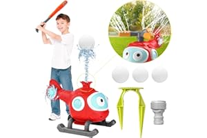 DVDGSC Water Sprinkler Baseball Toy for Kids: 2 in 1 Helicopter Outdoor Water Spray Toy for Boys Girls with 4 Balls - Summer Spinning Airplane Sprinkler Toy for Backyard Lawn Garden - Hose Connector Included