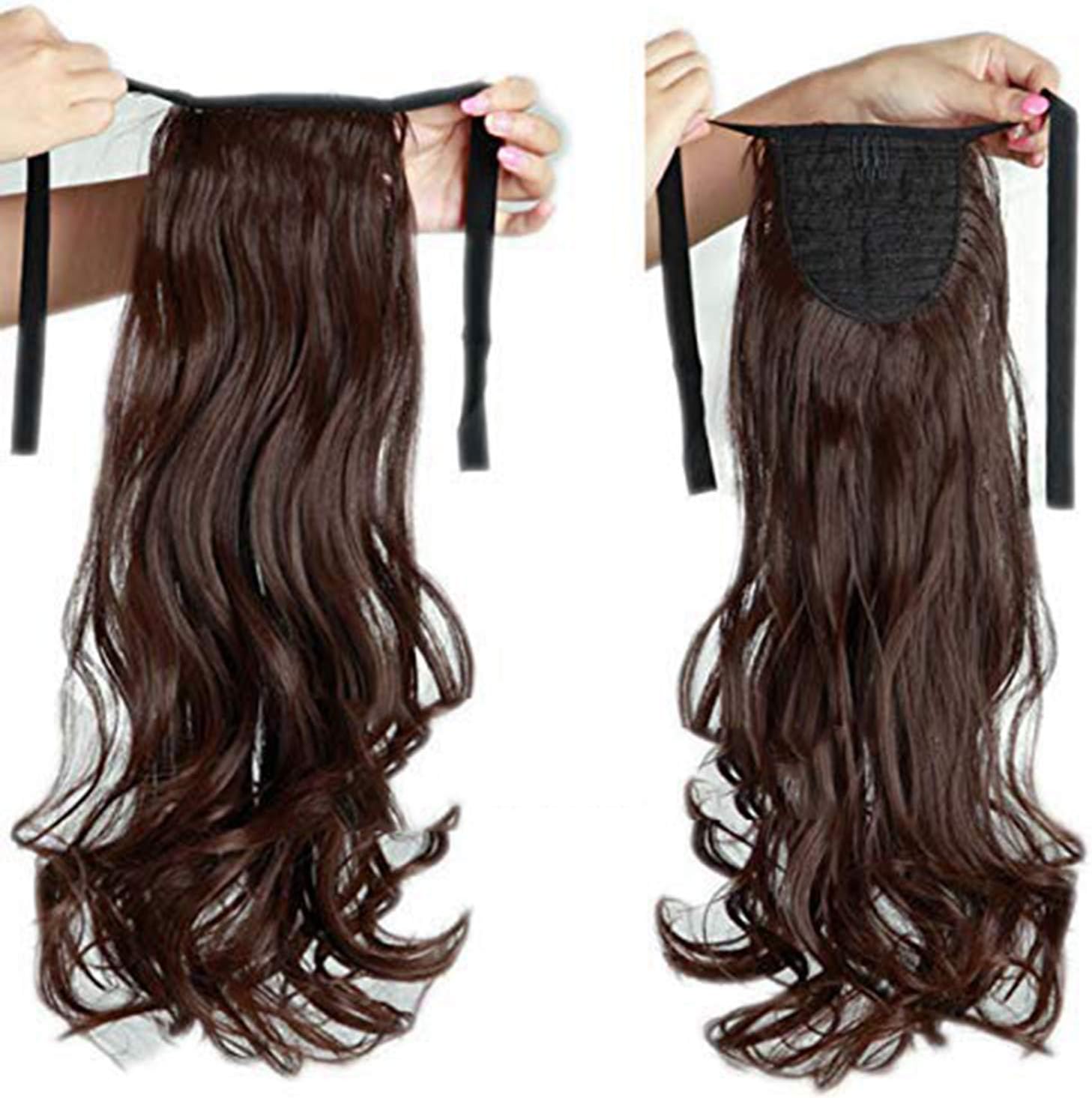 Natural Shiny Long Curly Clip Drawstring Ponytail Synthetic Hair Extensions - Hair Extension For Women & Girls (Ponytail Curly With Ribbon (Dark Brown))