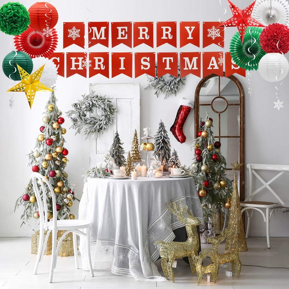 Christmas Party Decorations, Merry Christmas Banner, Hanging Swirls, Hollow Star Lanterns, Paper Fans, Pom Poms Flower Balls, Paper Lanterns for Birthday Wedding Xmas New Years Eve Party Supplies: Health & Personal Care