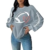Game Day Sweatshirt Women: Funny Football Heart Graphic Sweatshirt Waffle Knit Long Sleeve Gameday Fans Pullover Tops