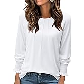 Womens Long Sleeve Shirts Spring Fashion Dressy Tops Cute Crewneck Blouses Casual Pleated Front Tunic Tops