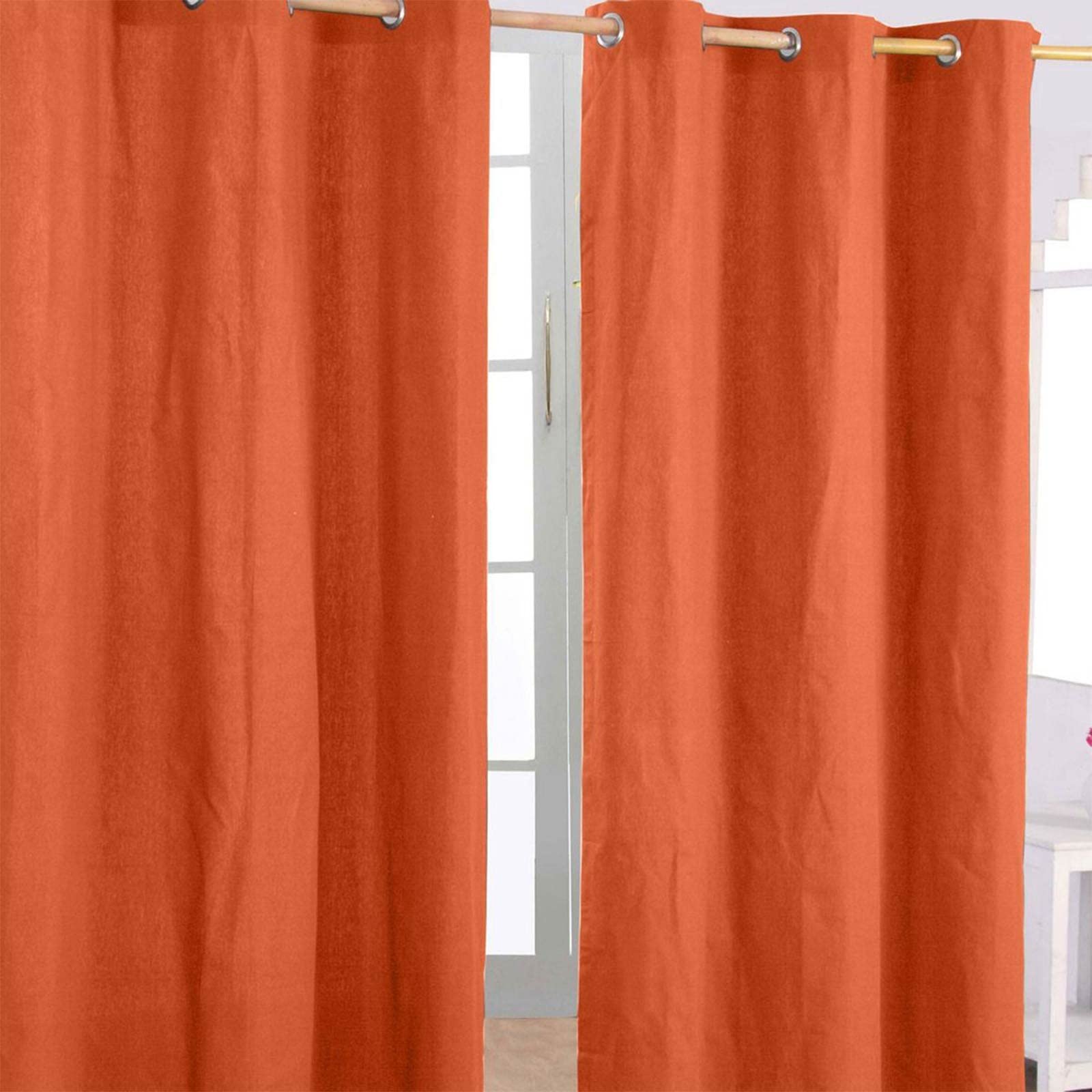 HOMESCAPES Burnt Orange Eyelet Curtain Pair 137cm (54") Wide x 182cm (72") Drop Plain Heavy Unlined Curtains