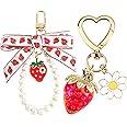 SunixSonie 2Pcs Strawberry Keychain Charm Cute Bag Charms Flower Daisy Pearl Bow Keychain Strawberry gift for Women