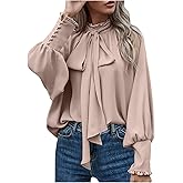 Women's Bow Tie Neck Shirts Casual Long Lantern Sleeve Tops Mock Neck Solid Color Blouses Dressy Elegant Work