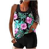 YRAETENM Tankini Swimsuits for Women Two Piece Bathing Suits Blouson Tank Top with Boyshorts Tummy Control Modest Swimsuits