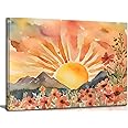 Boho Sun Canvas Wall art Mid-Century Modern Abstract Bohemian Sunset in The Mountains Watercolor Wildflowers Sunrise Landscape Picture Wall Decor Poster Print Artwork for Living Room Bedroom