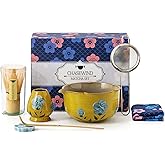 ChaseWind Matcha Whisk Set, 7Pcs Matcha Set with Hand-Painted Ceramic Matcha Bowl, Matcha Whisk and Holder, Scoop and Rest, Sifter, Tea Towel, Artisan Matcha Kit for Ceremony & Gifting (Yellow)