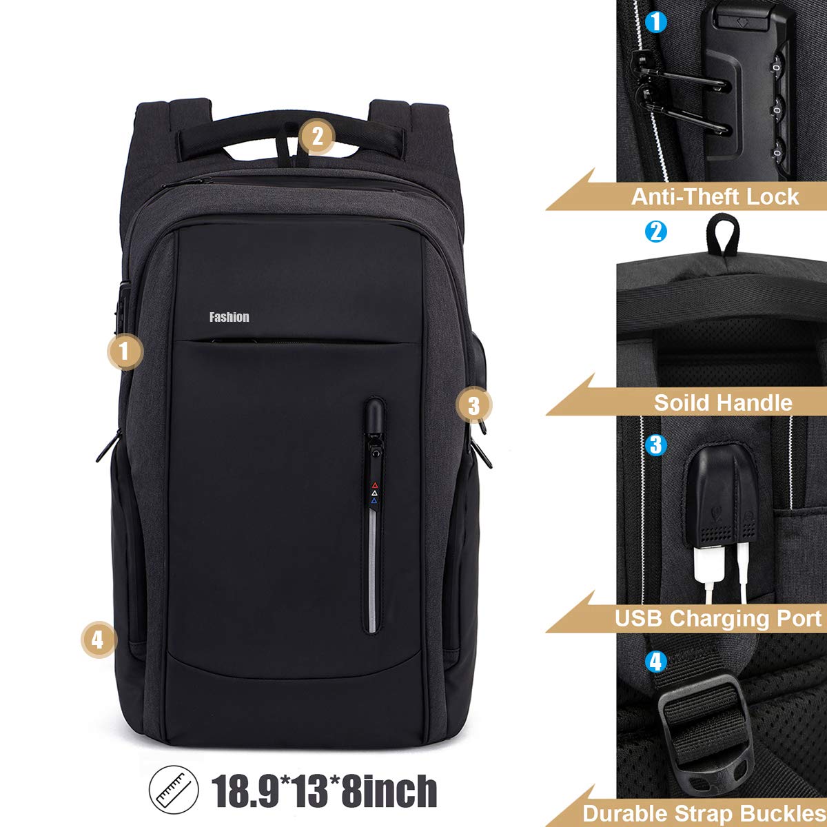 Xnuoyo Laptop Zaino Antifurto, 17.3 Pollici Impermeabile Zaino Porta PC con Porta USB di Ricarica Interfaccia Cuffie Zaino da Viaggio per Il Viaggio per Notebook Tablet da 12-17 Pollici, Nero