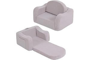 Welnow Kids Sofa, 2-in-1 Soft Sherpa Toddler Chair, Convertible Toddler Couch Lounger, Flip Out Kids Couch Chair with Side Pockets & Removable Cover for Girls and Boys, Grey