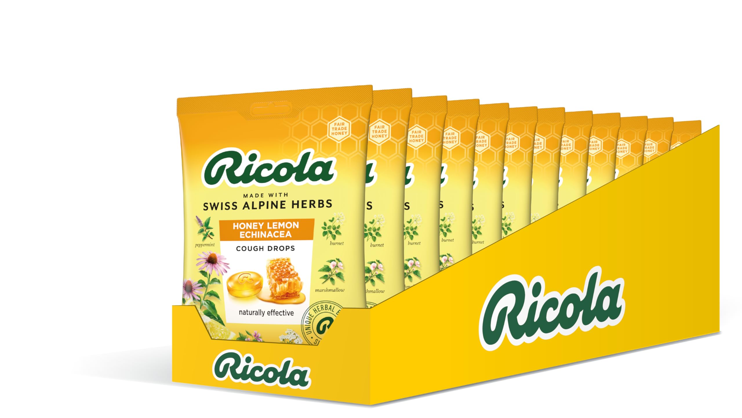 Ricola Honey Lemon and Echinacea Cough Drops Bag, Pack of 12, Naturally Effective Throat Lozenges, Cough Sweets,12 X 75 g