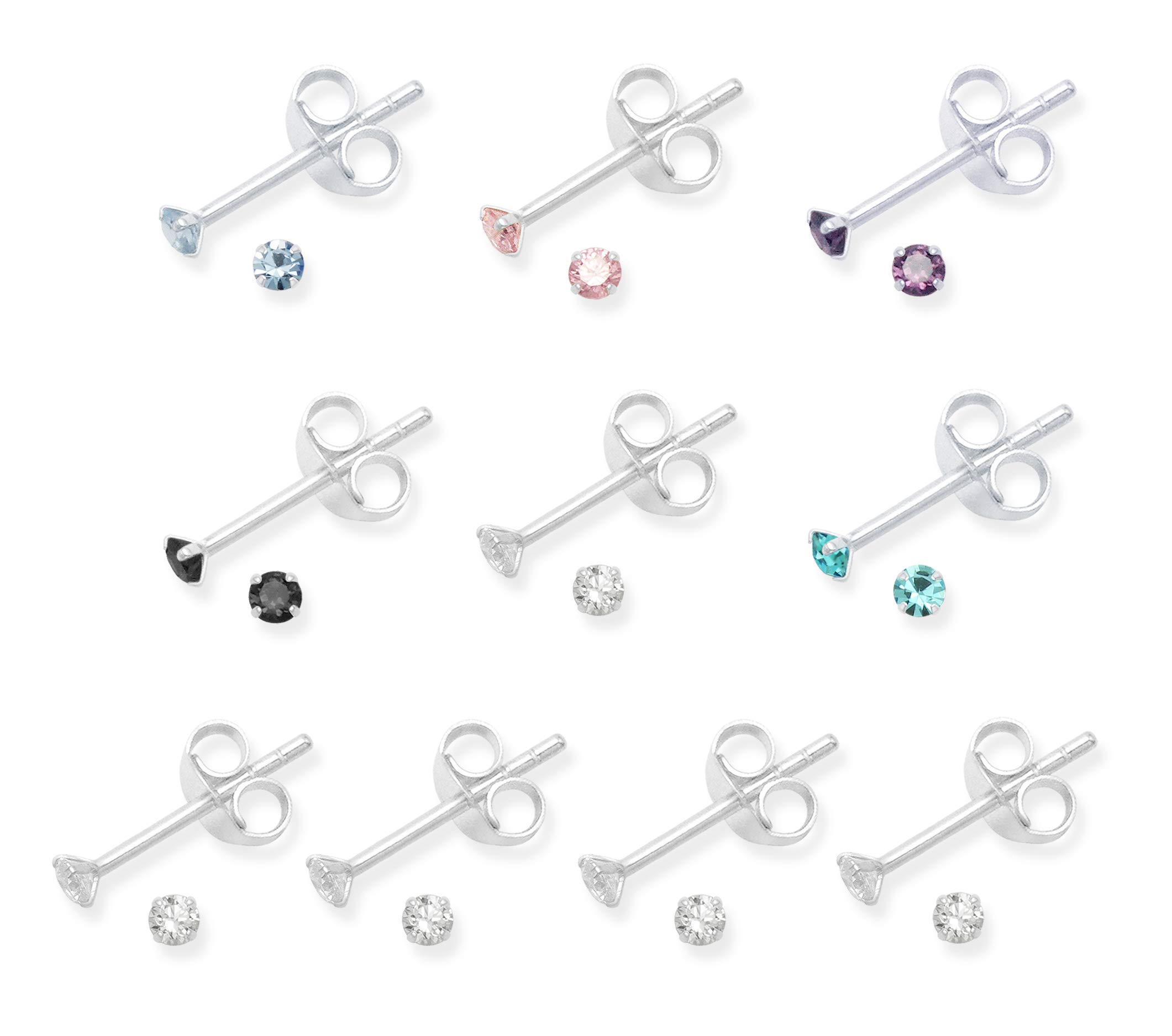 Set 10 PAIRS Genuine Sterling Silver Cubic Zirconia stud Earrings - Colours as shown in photos - SIZE: TINY 2mm - Gift Boxed5549/COL/WHITE