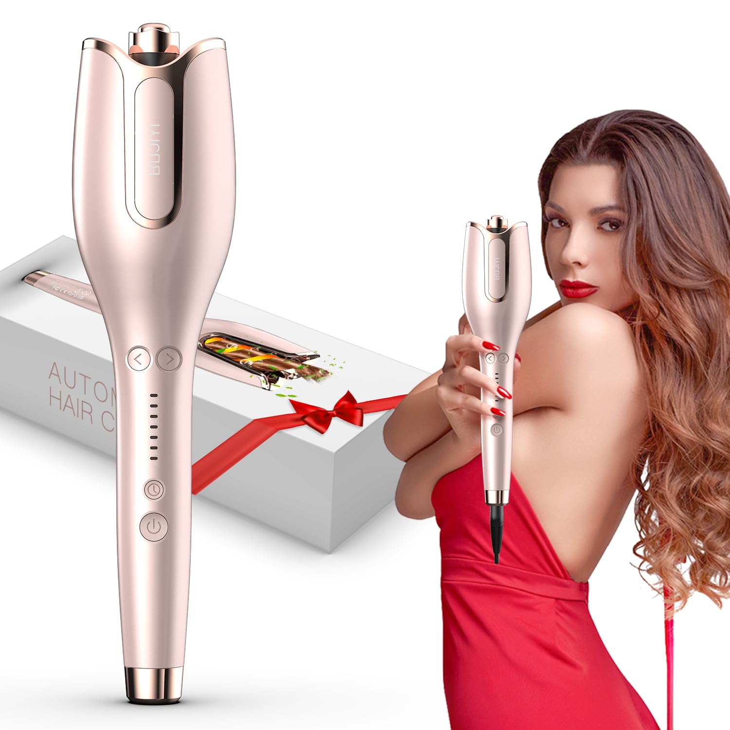 Photo 1 of BUJIYI Automatic Rotating Curling Iron, Automatic Curler, 1-inch Large Rotating Barrel, 4 Temperature Settings, 3 Heating Time Adjustments, Suitable for Hair Lengths 6-25 Inches (Gold)