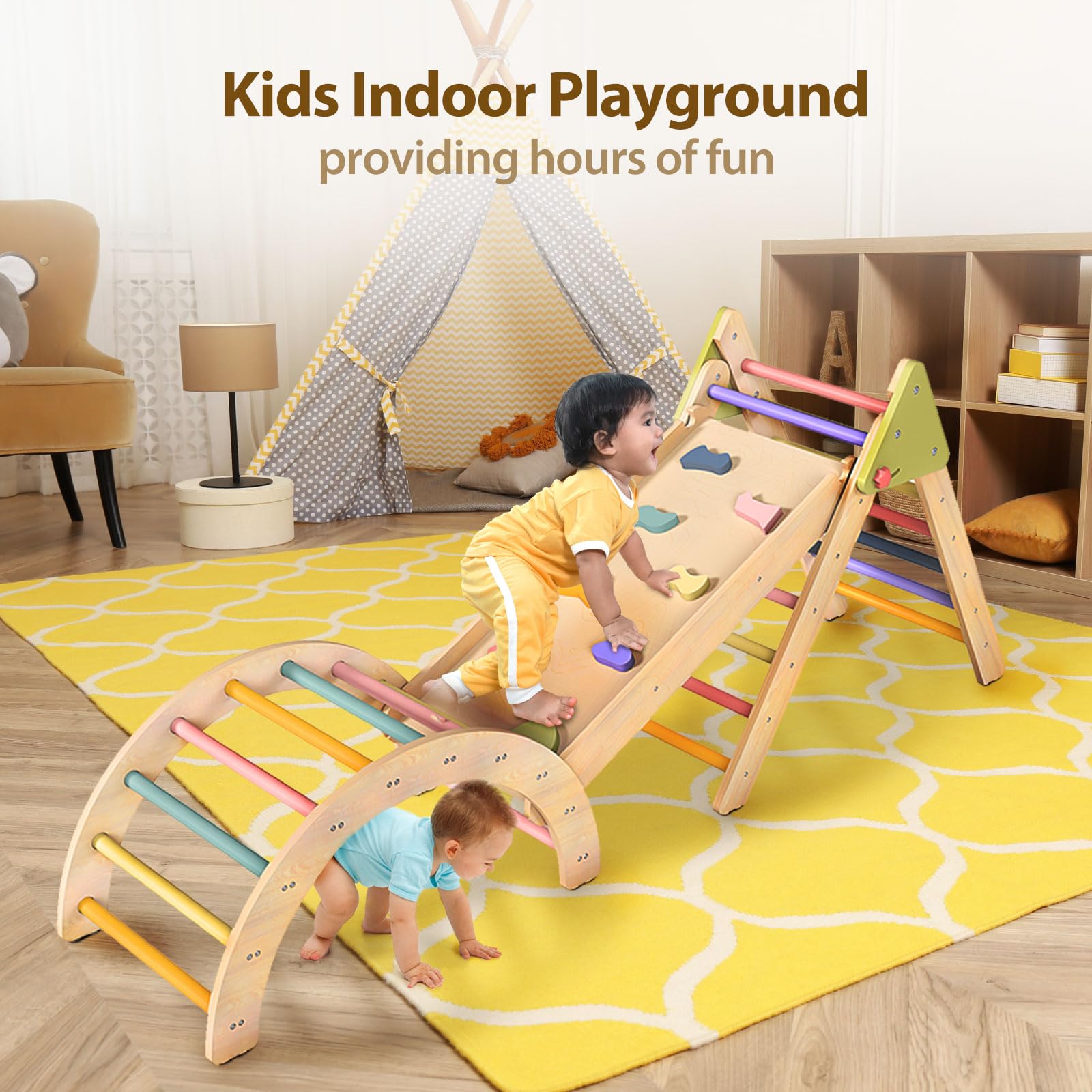 LOL-FUN Pikler Triangle Set Montessori Toddler Climbing Toys Indoor, Foldable Climbing Toys for 1 Year Old, 3 Piece Baby Climbing Gym Indoor Playground