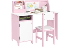 Qaba Kids Desk and Chair Set with Whiteboard, 2 Pieces Kids Study Table and Chair Set, Multi-Usage School Desk Furniture with
