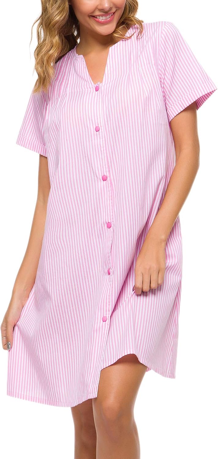 YOZLY House Dress Women Cotton Duster Robe Short Sleeve Housecoat Button Down Nightgown at
