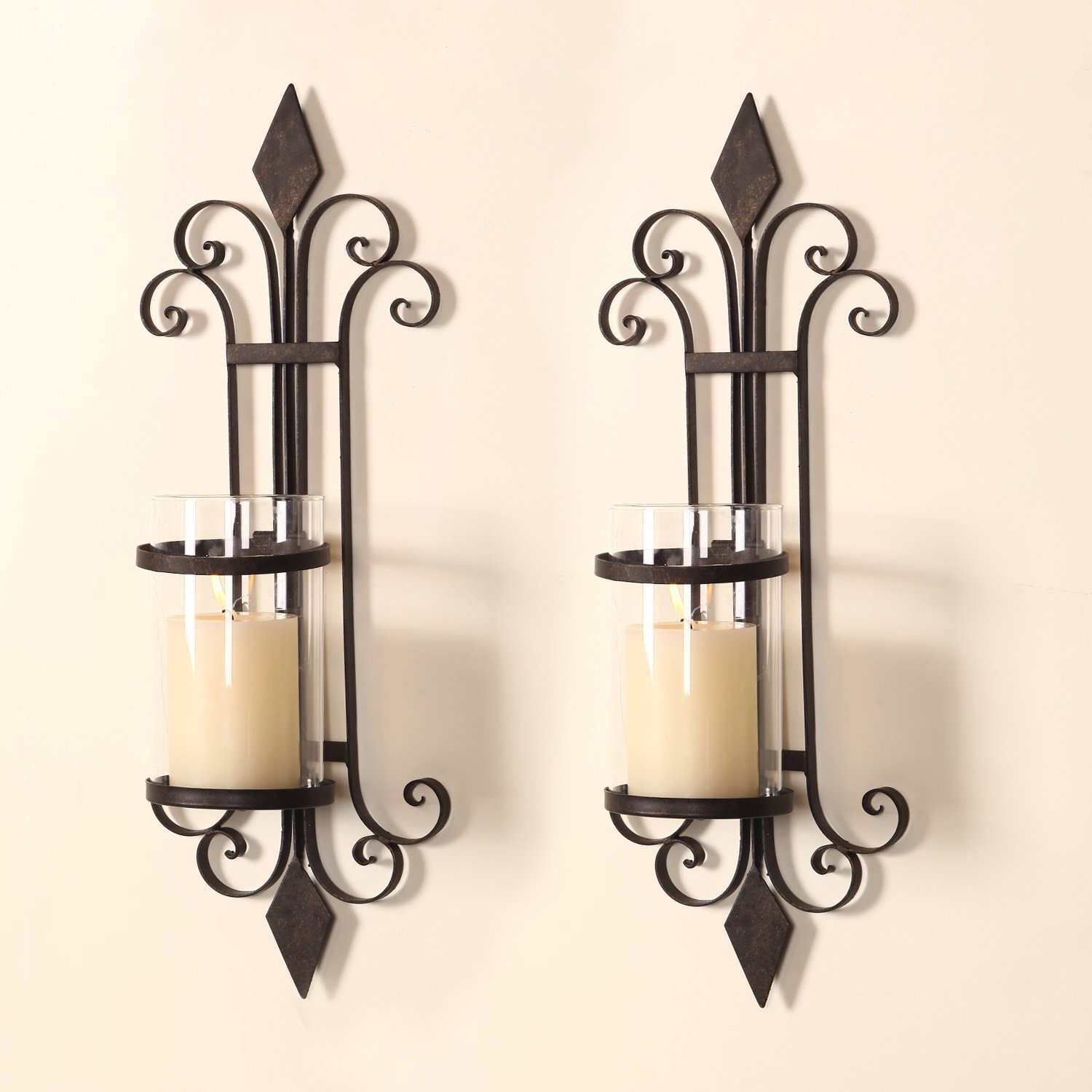 Adeco HD0006 Iron & Glass Vertical Wall Hanging Candle Holder Sconce, Scroll & Diamond Design, Holds One Pillar Candle (Set of Two) Black with Antique Finish